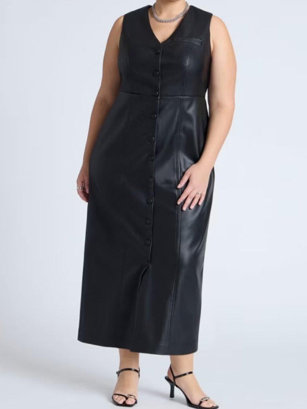 Plus Size Black Faux Leather Vest Maxi Dress Button Front A-Line Flare Gown NWT
